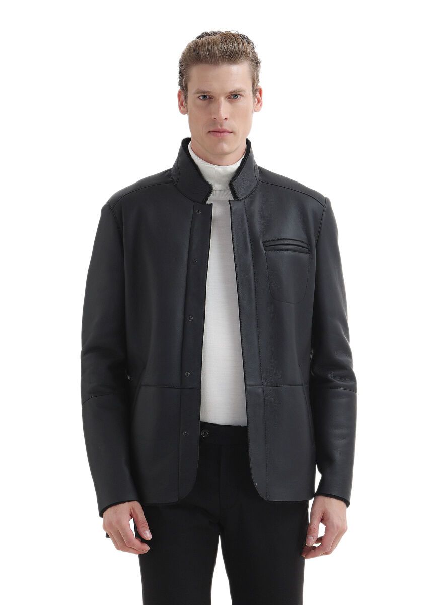 Black Regular Fit Turtleneck Casual Fur Leather Coat - 3