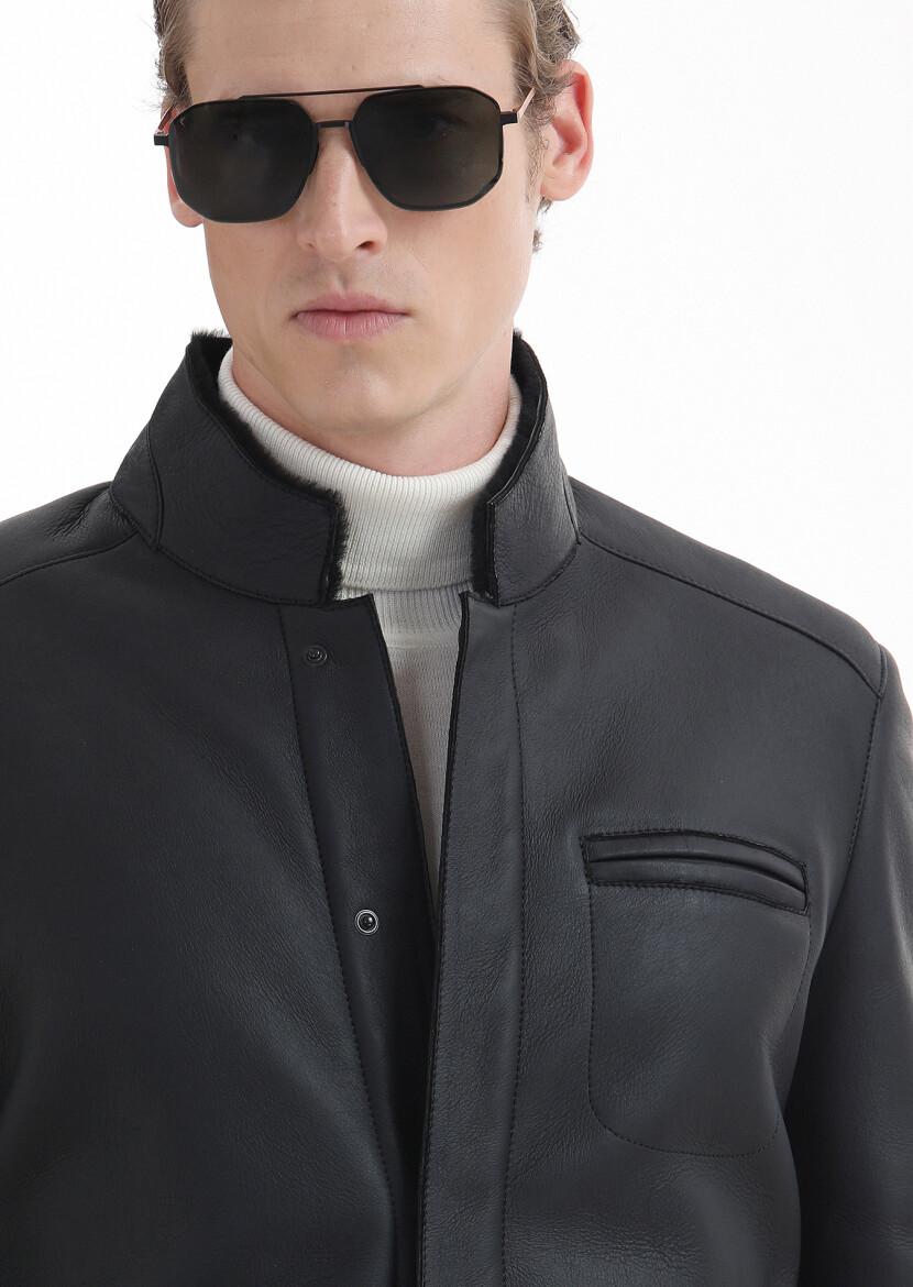 Black Regular Fit Turtleneck Casual Fur Leather Coat - 4
