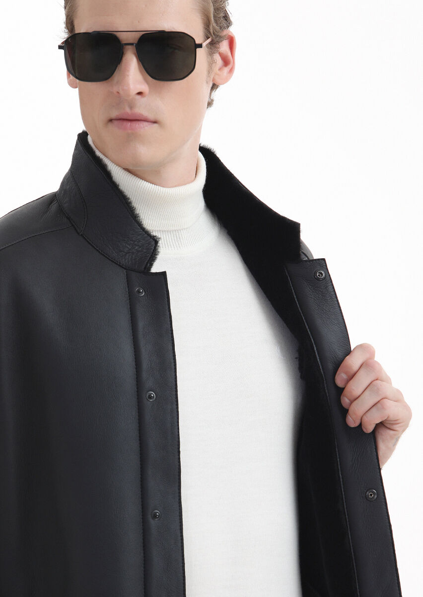 Black Regular Fit Turtleneck Casual Fur Leather Coat - 7