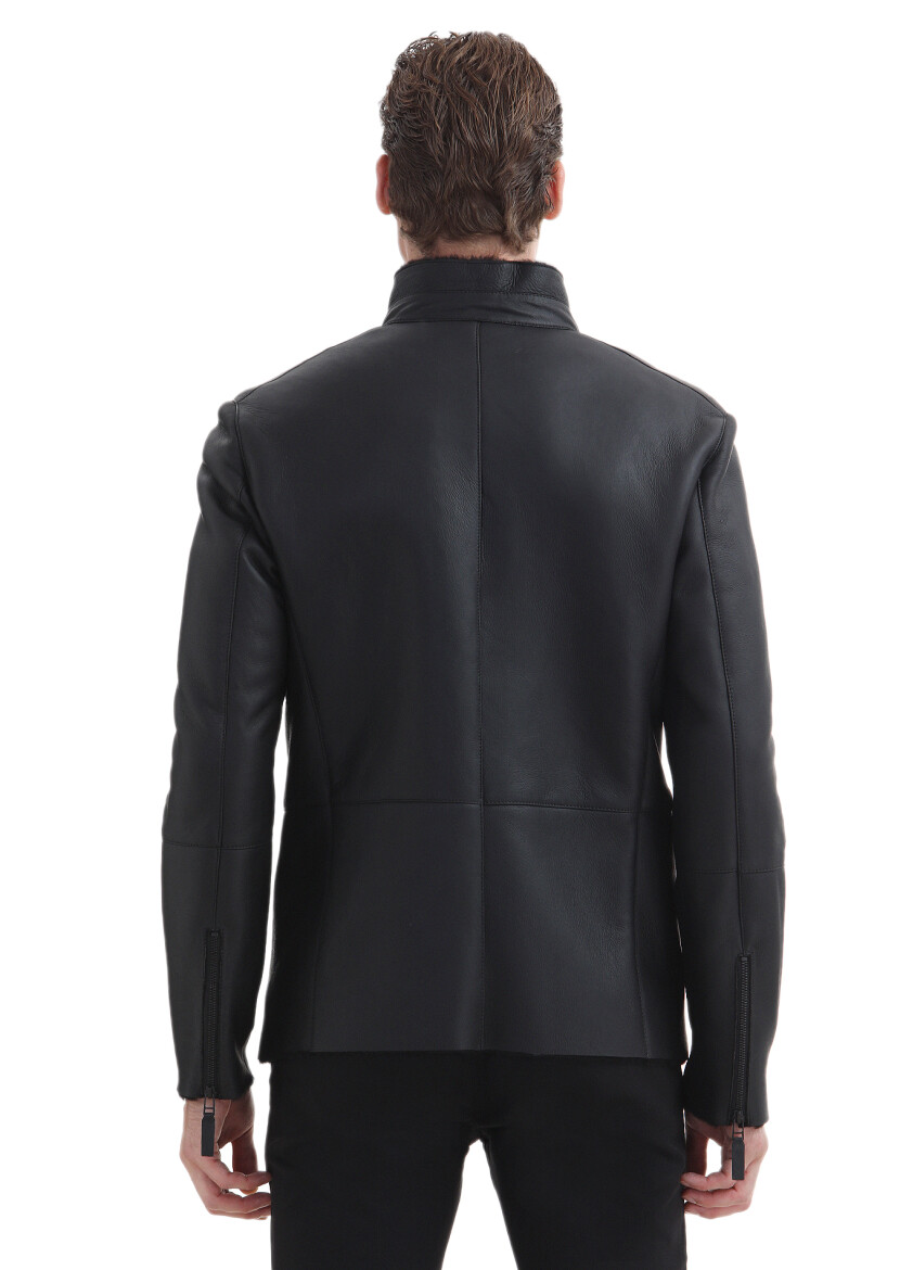 Black Regular Fit Turtleneck Casual Fur Leather Coat - 9