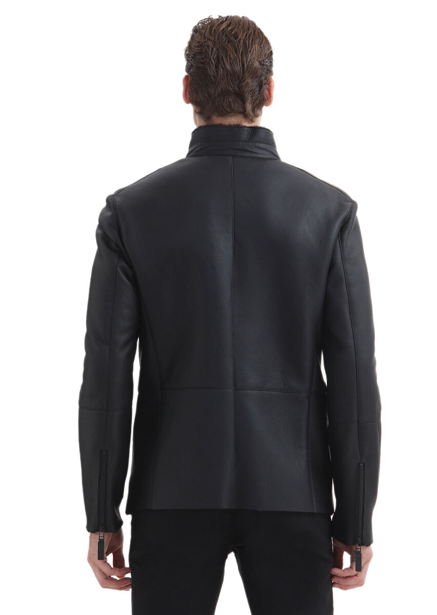 Black Regular Fit Turtleneck Casual Fur Leather Coat - 9