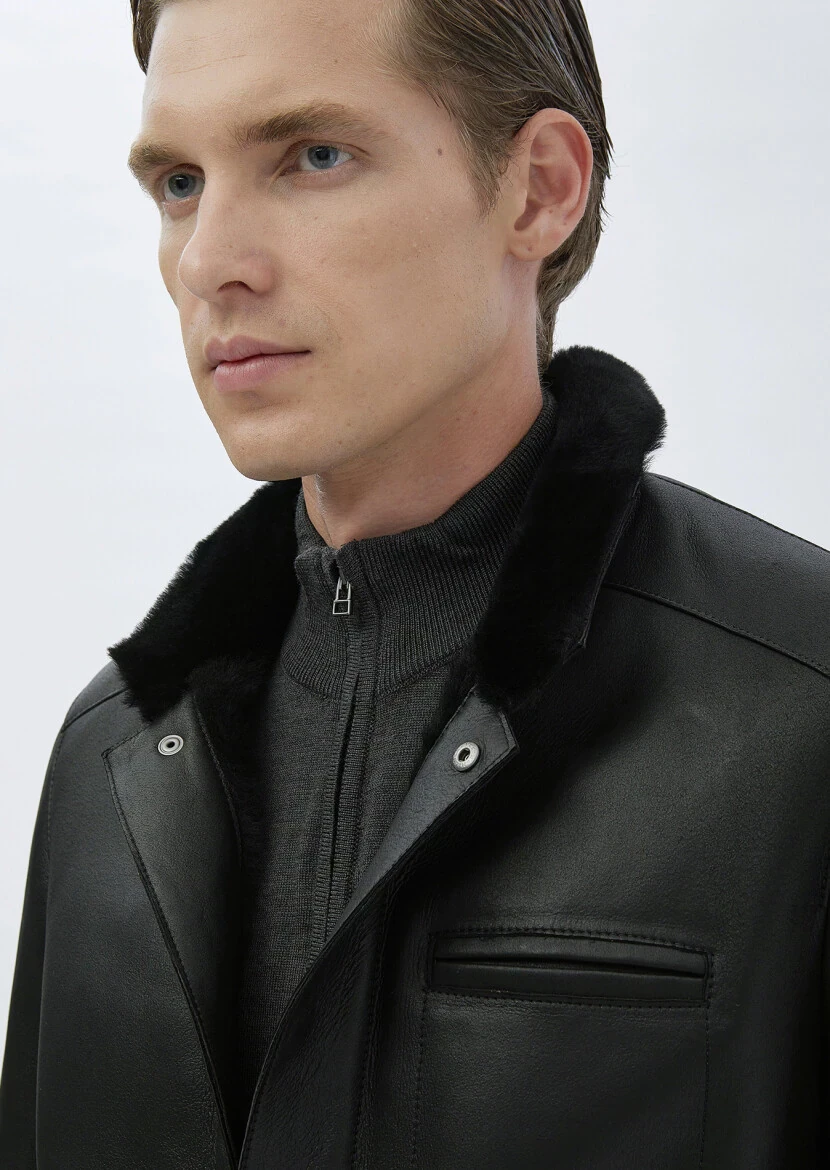 Black Regular Fit Turtleneck Casual Fur Leather Coat - 6