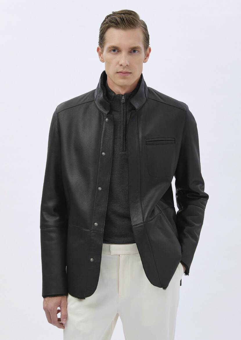 Black Regular Fit Turtleneck Casual Fur Leather Coat - 3