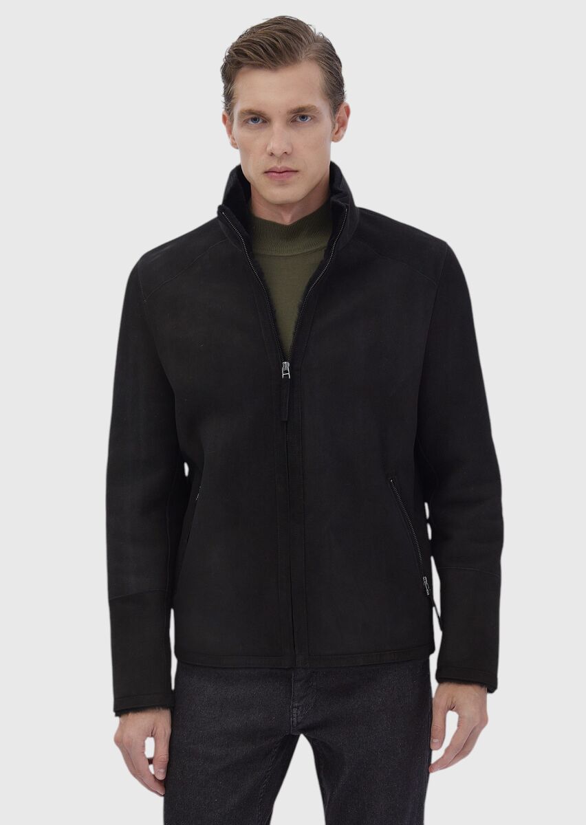 Black Regular Fit Turtleneck Casual Fur Leather Coat - 1