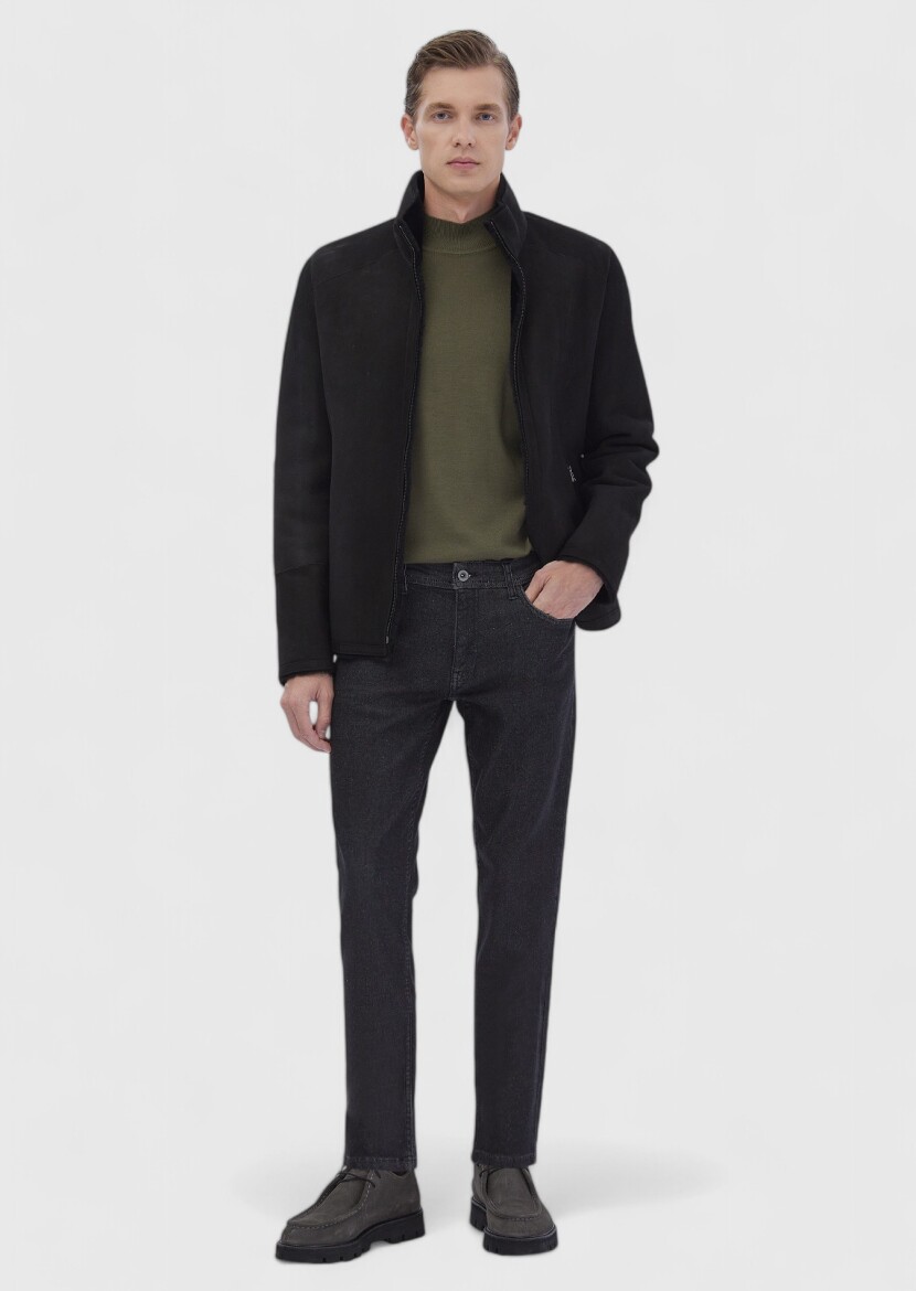 Black Regular Fit Turtleneck Casual Fur Leather Coat - RAMSEY