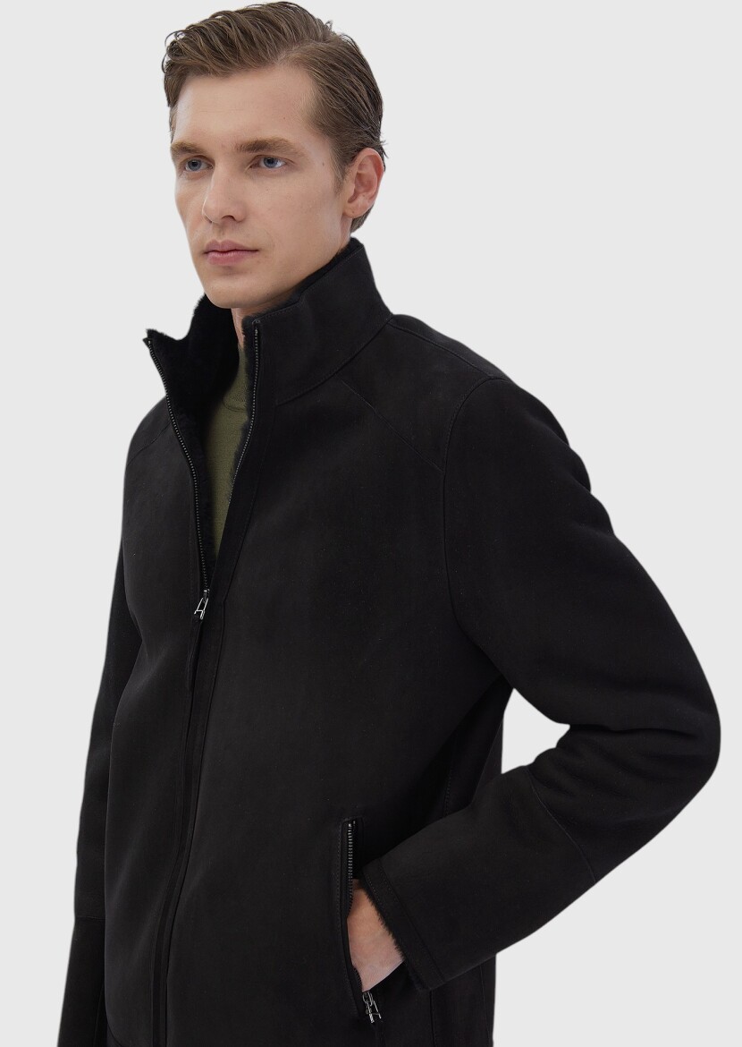 Black Regular Fit Turtleneck Casual Fur Leather Coat - 3