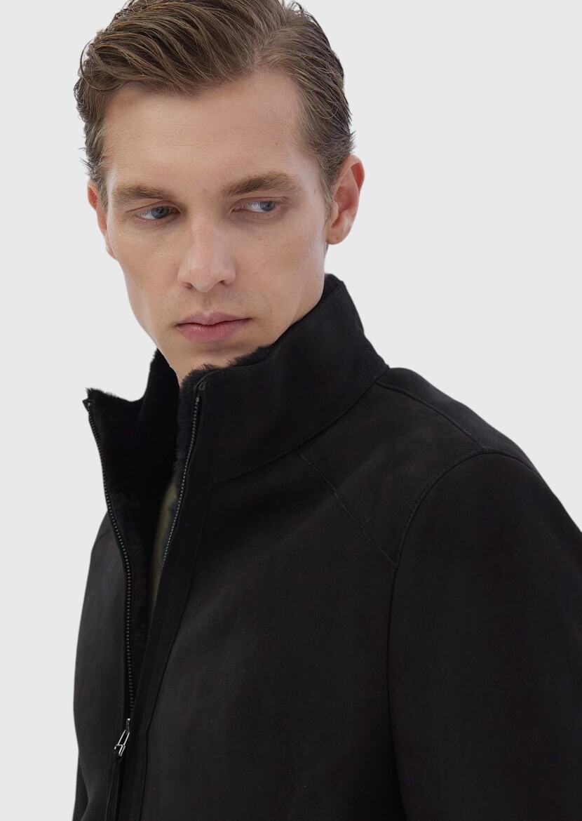 Black Regular Fit Turtleneck Casual Fur Leather Coat - 4