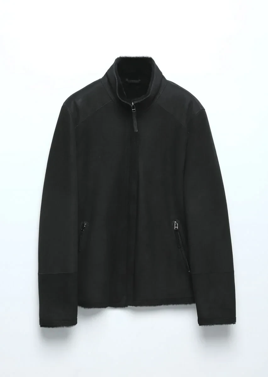 Black Regular Fit Turtleneck Casual Fur Leather Coat - 9