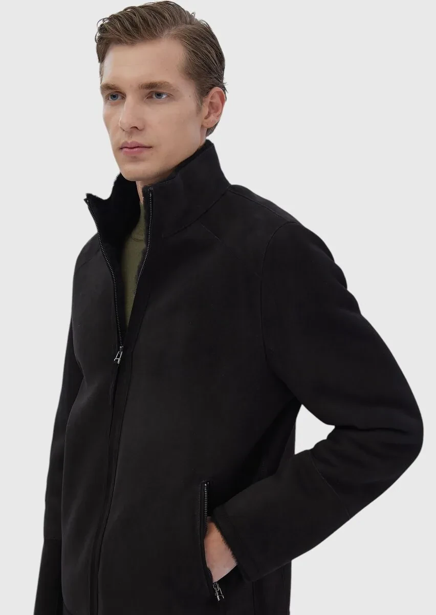 Black Regular Fit Turtleneck Casual Fur Leather Coat - 3