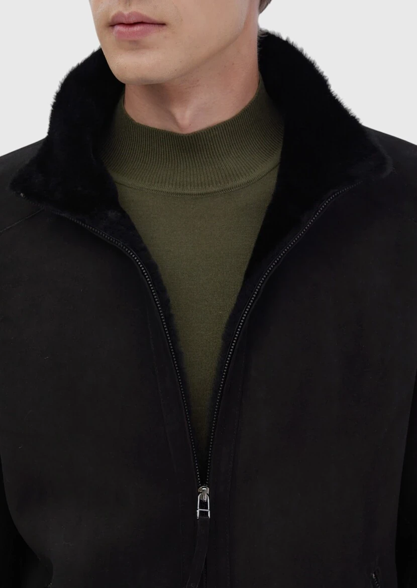 Black Regular Fit Turtleneck Casual Fur Leather Coat - 6