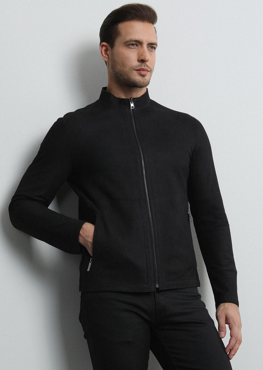 Black Regular Fit Turtleneck Casual Leather Leather Coat - 1
