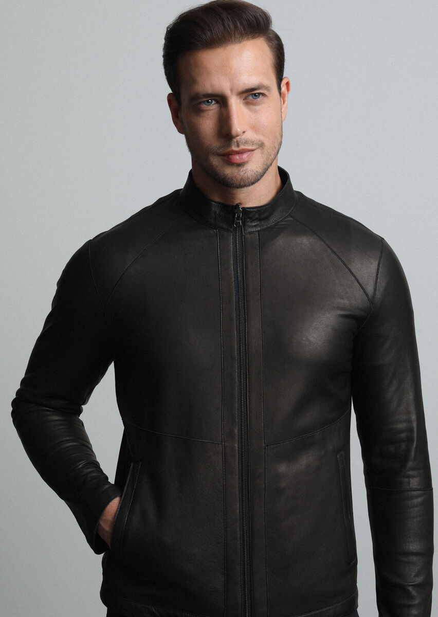 Black Regular Fit Turtleneck Casual Leather Leather Coat - 2