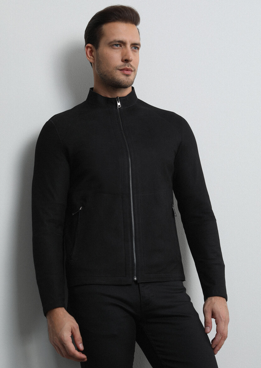 Black Regular Fit Turtleneck Casual Leather Leather Coat - 3