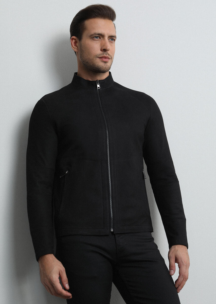 Black Regular Fit Turtleneck Casual Leather Leather Coat - 3