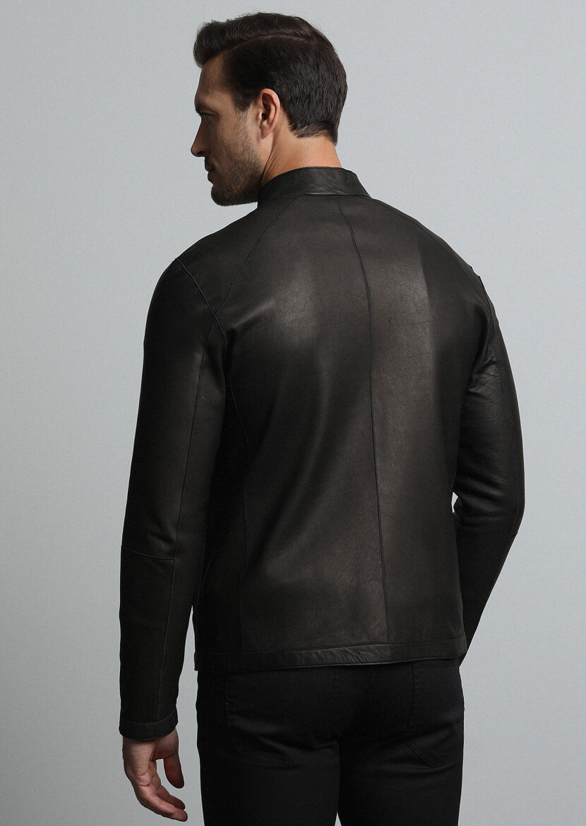 Black Regular Fit Turtleneck Casual Leather Leather Coat - 5
