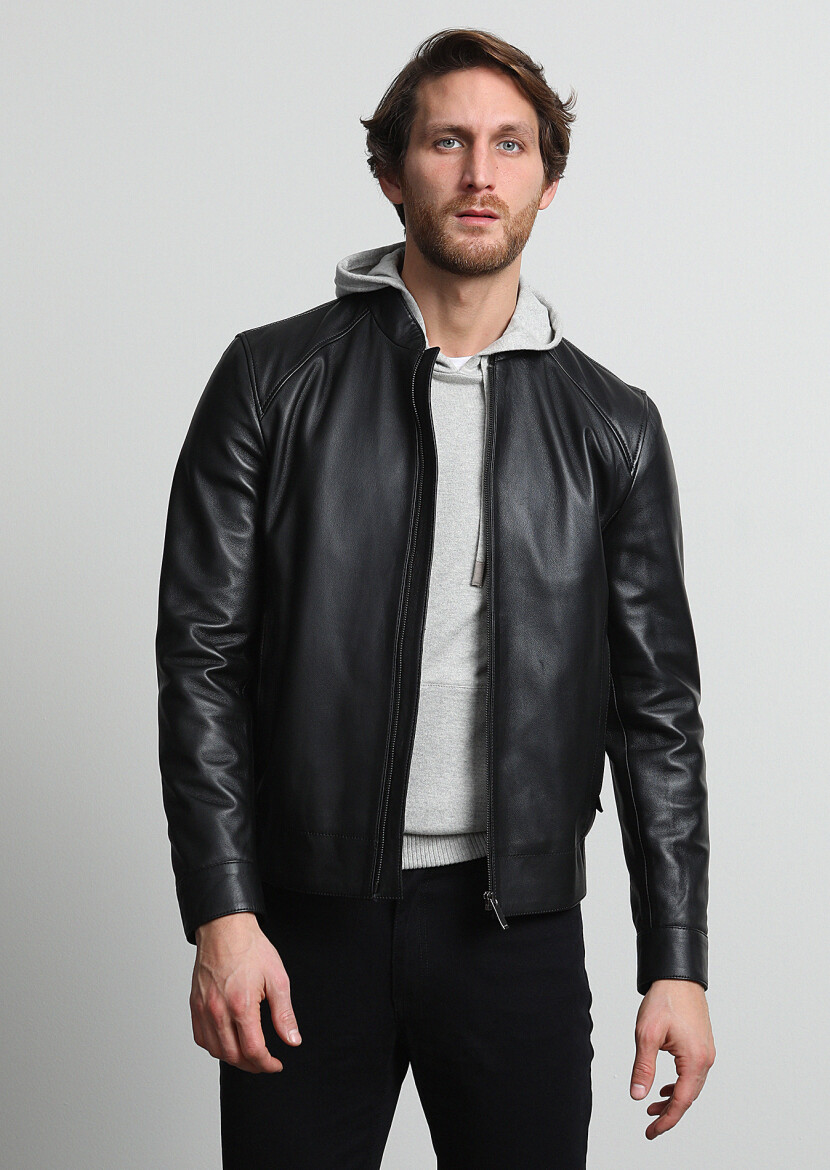 Black Regular Fit Turtleneck Casual Leather Leather Coat - 1