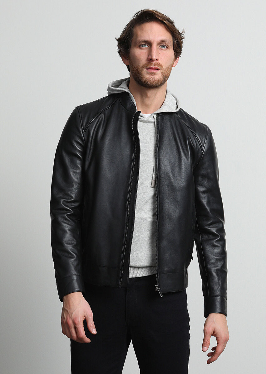 Black Regular Fit Turtleneck Casual Leather Leather Coat - 1