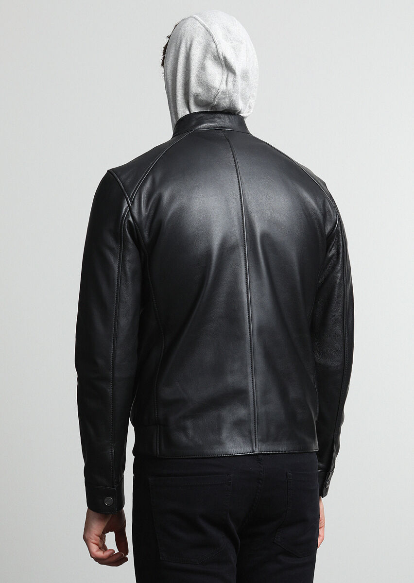 Black Regular Fit Turtleneck Casual Leather Leather Coat - 3