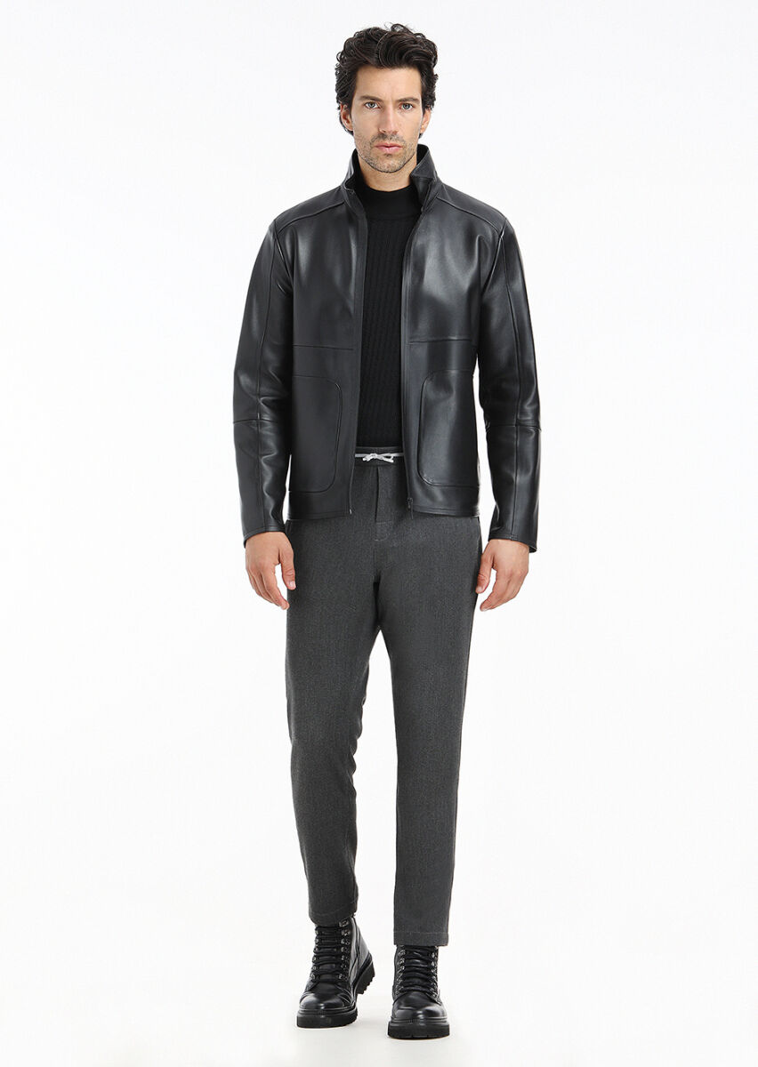 Black Regular Fit Turtleneck Casual Leather Leather Coat - 1