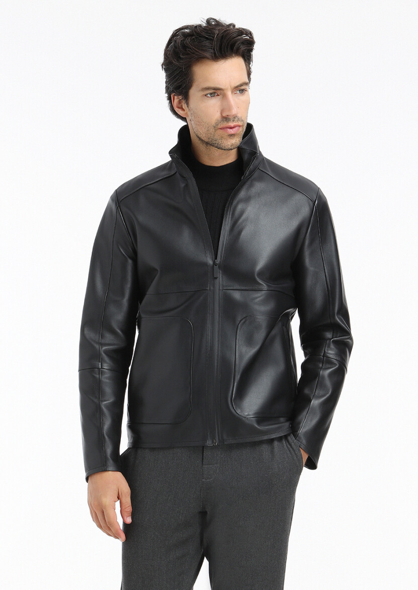 Black Regular Fit Turtleneck Casual Leather Leather Coat - 2