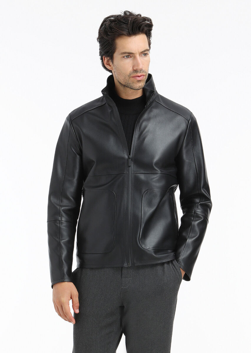 Black Regular Fit Turtleneck Casual Leather Leather Coat - 2