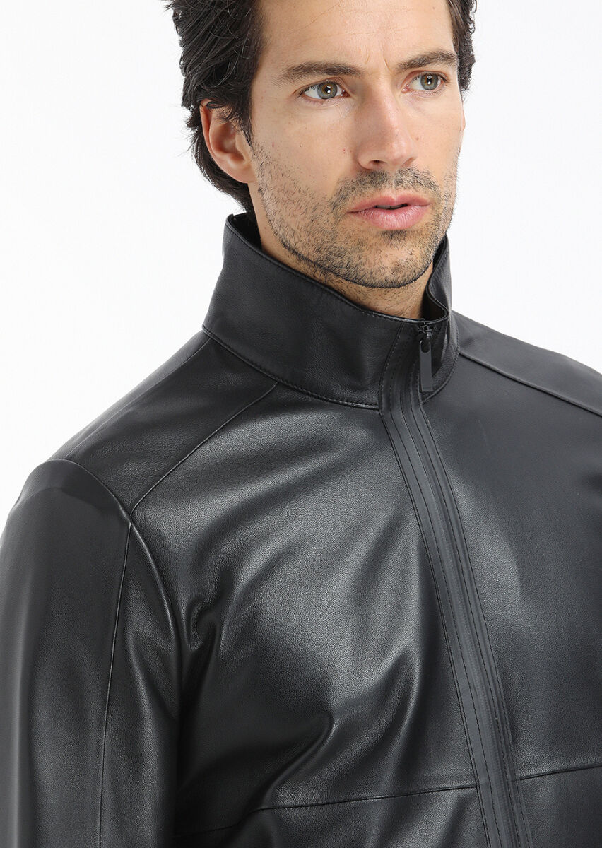 Black Regular Fit Turtleneck Casual Leather Leather Coat - 3