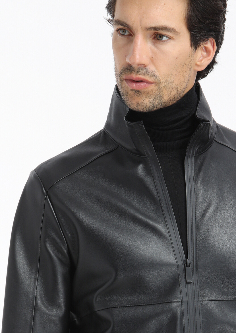 Black Regular Fit Turtleneck Casual Leather Leather Coat - 5