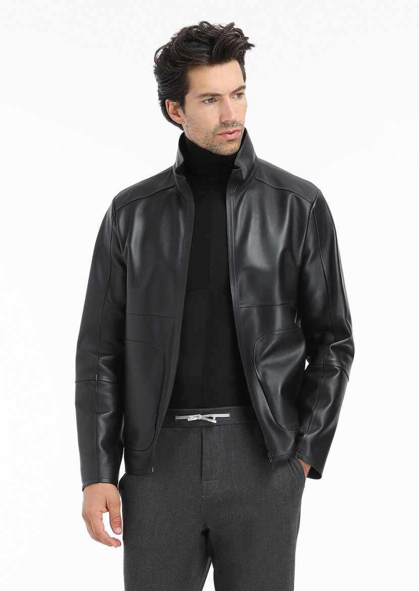 Black Regular Fit Turtleneck Casual Leather Leather Coat - 6