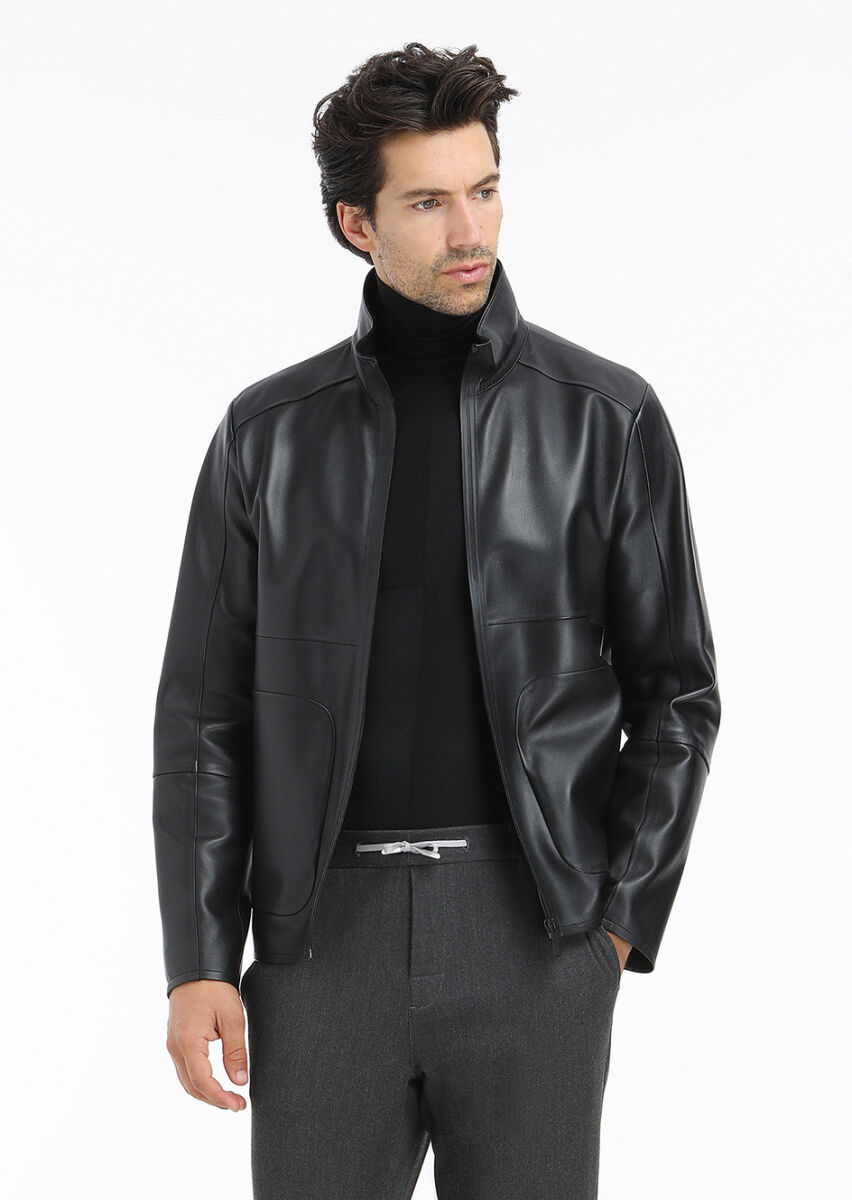 Black Regular Fit Turtleneck Casual Leather Leather Coat - 6