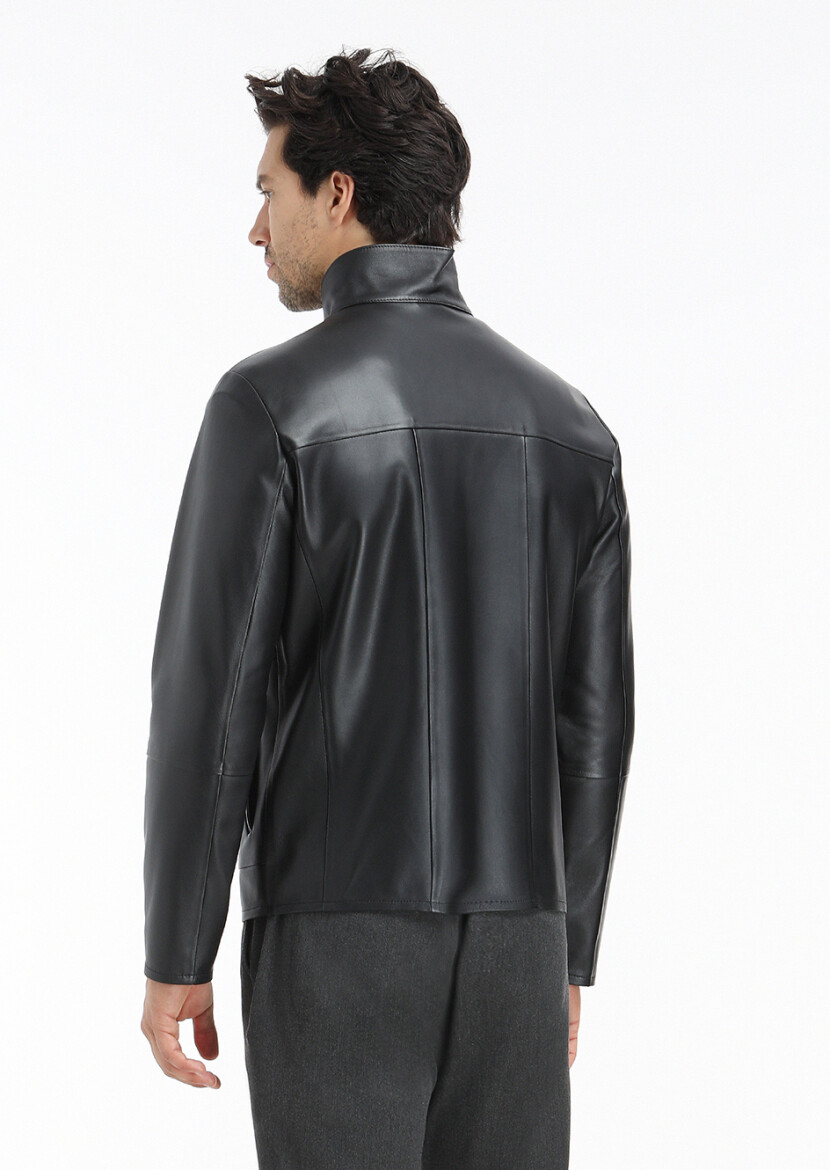 Black Regular Fit Turtleneck Casual Leather Leather Coat - 7
