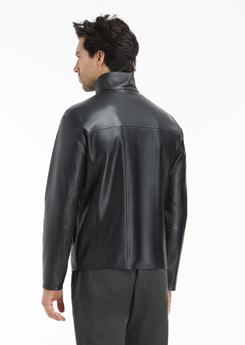 Black Regular Fit Turtleneck Casual Leather Leather Coat - 7