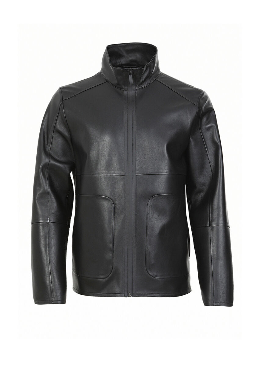Black Regular Fit Turtleneck Casual Leather Leather Coat - 8