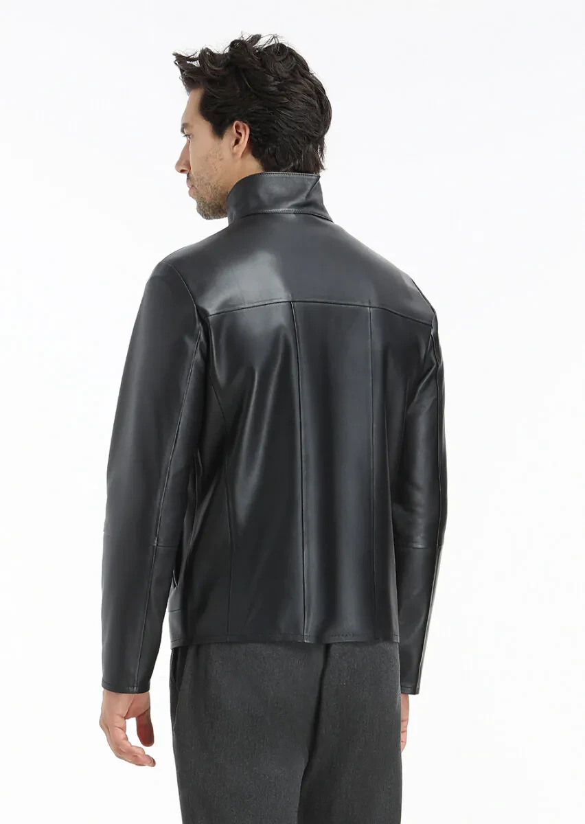 Black Regular Fit Turtleneck Casual Leather Leather Coat - 7