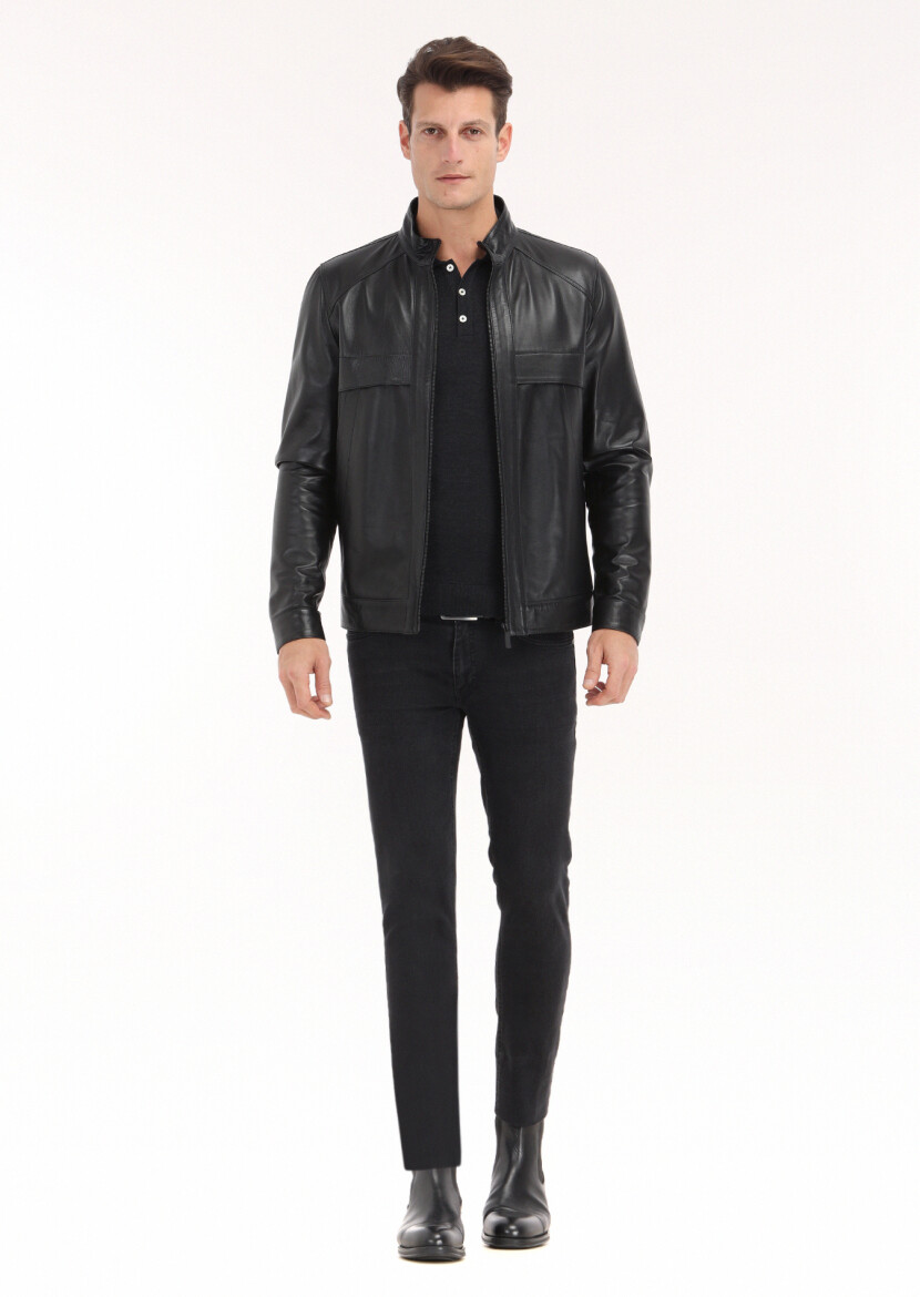 Black Regular Fit Turtleneck Casual Leather Leather Coat - 1