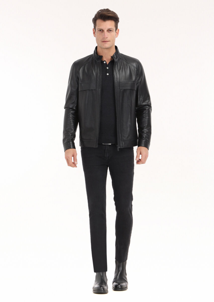 Black Regular Fit Turtleneck Casual Leather Leather Coat - 1