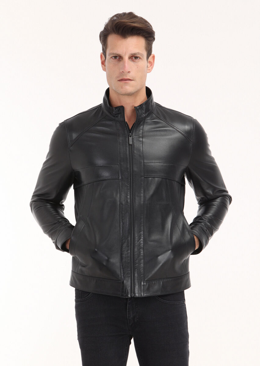 Black Regular Fit Turtleneck Casual Leather Leather Coat - 2