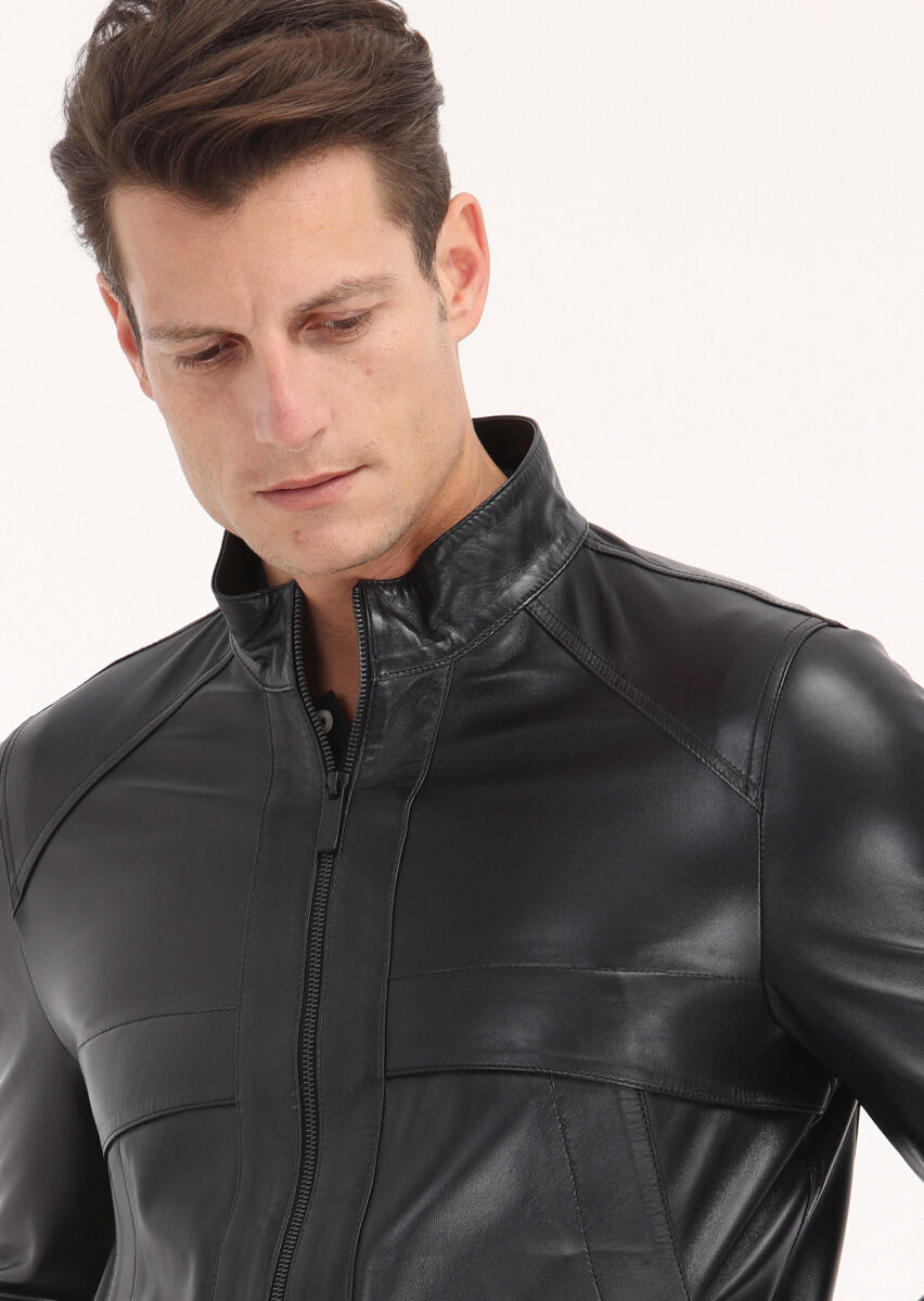 Black Regular Fit Turtleneck Casual Leather Leather Coat - 3