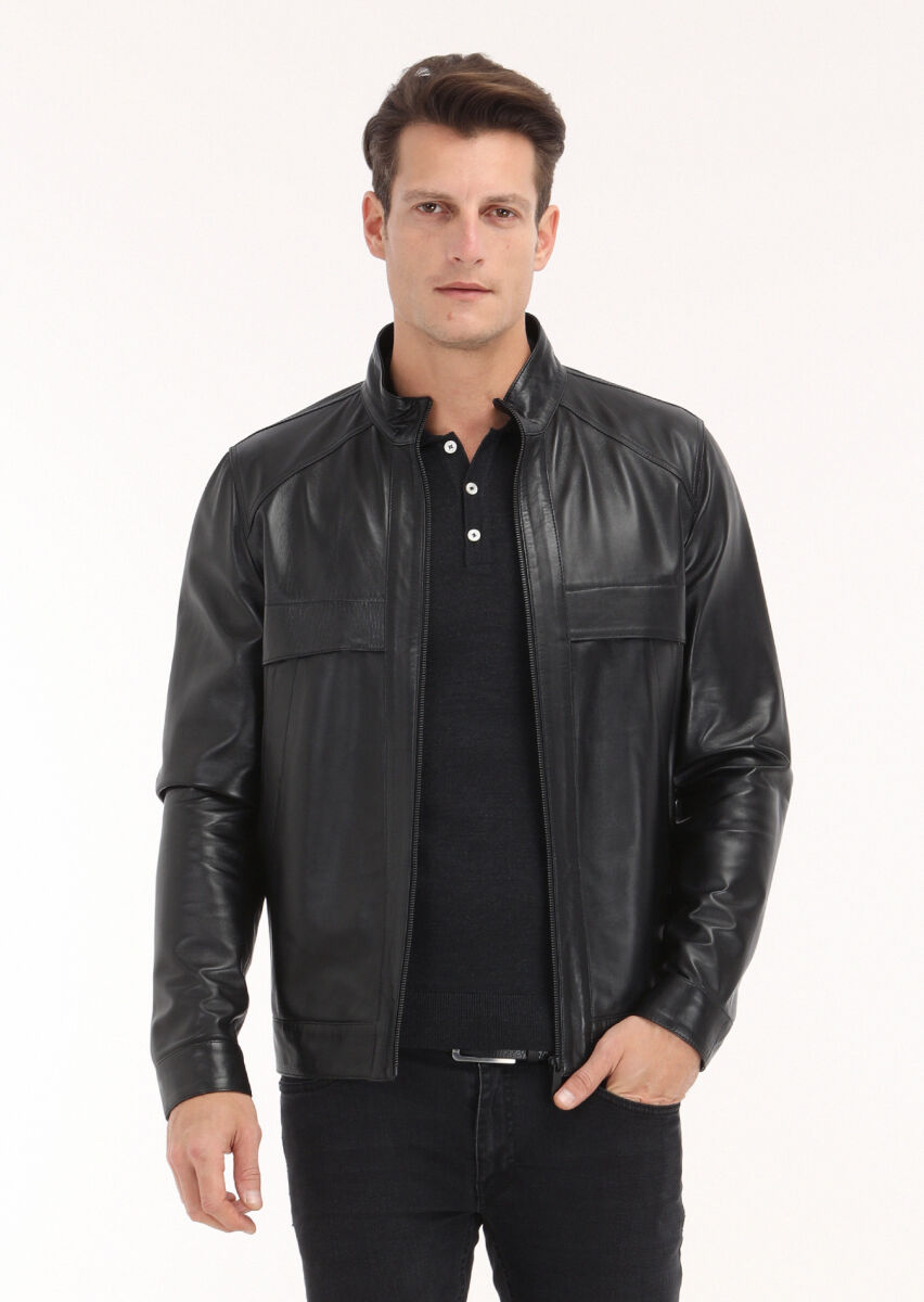 Black Regular Fit Turtleneck Casual Leather Leather Coat - 4
