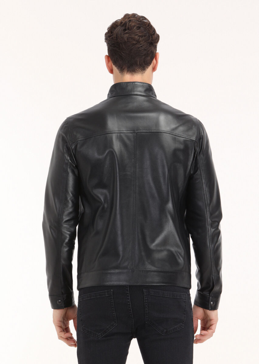 Black Regular Fit Turtleneck Casual Leather Leather Coat - 5
