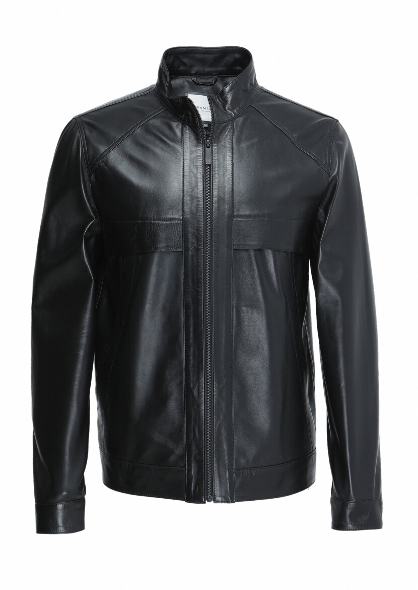 Black Regular Fit Turtleneck Casual Leather Leather Coat - 6