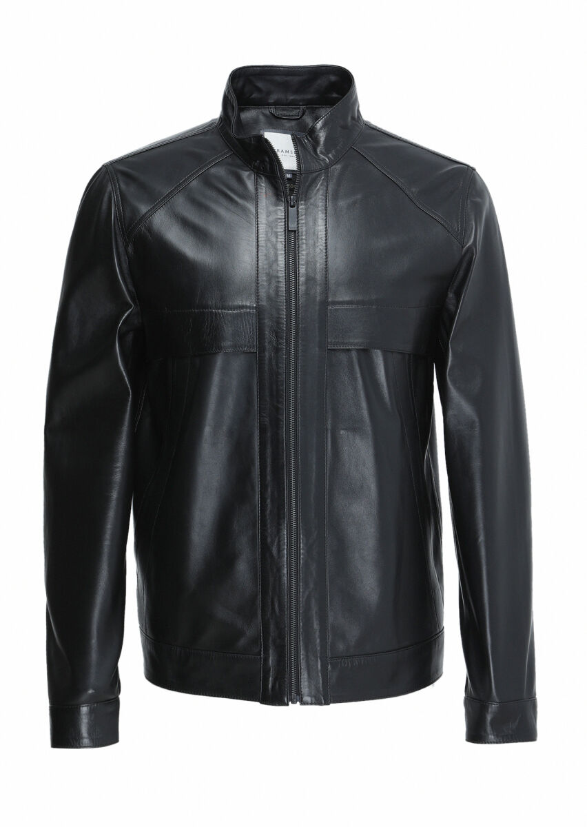 Black Regular Fit Turtleneck Casual Leather Leather Coat - 6