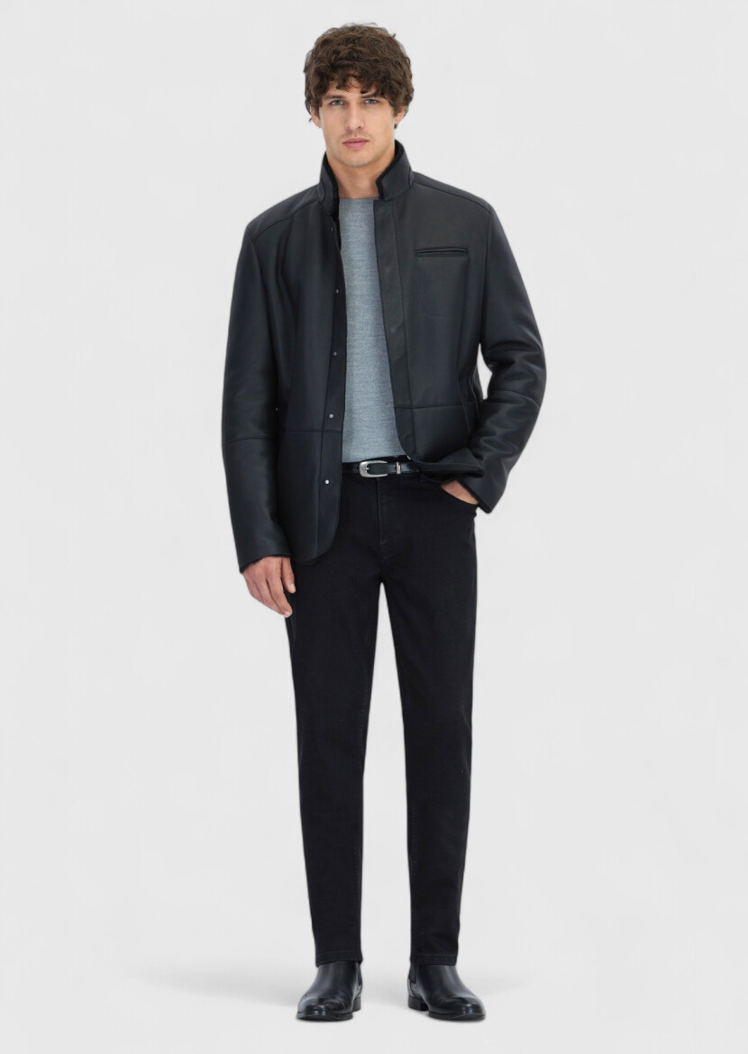 Black Regular Fit Turtleneck Casual Shearling Leather Coat - RAMSEY