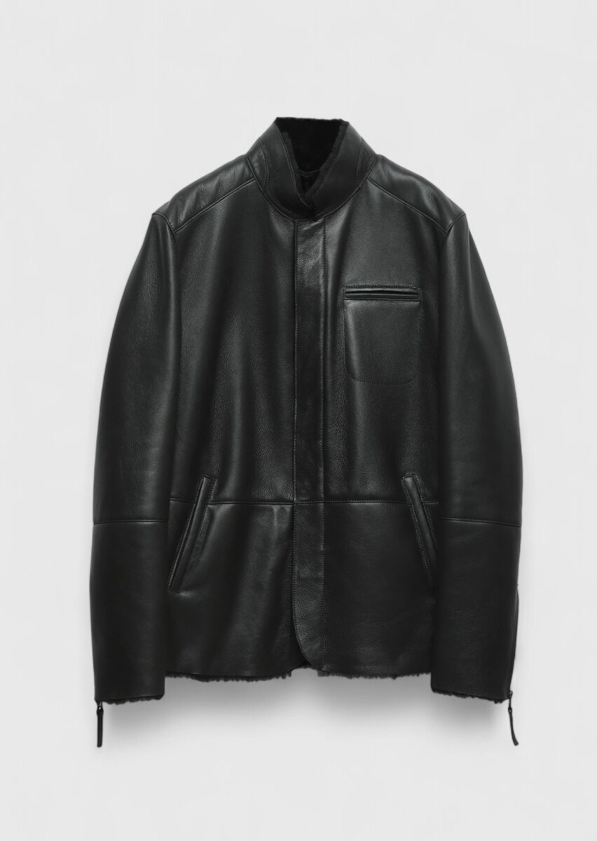 Black Regular Fit Turtleneck Casual Shearling Leather Coat - 8