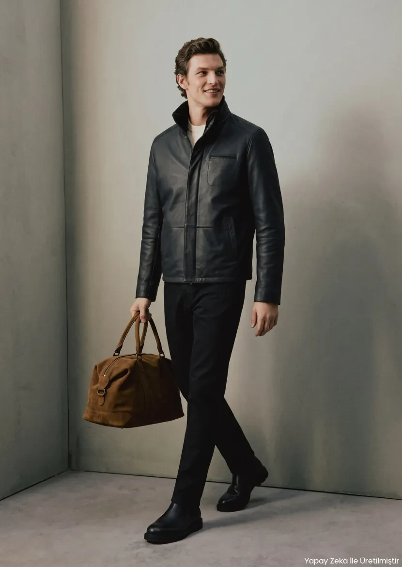 Black Regular Fit Turtleneck Casual Shearling Leather Coat - RAMSEY