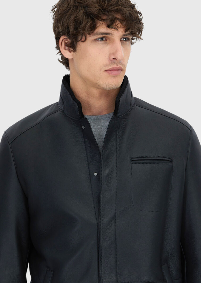 Black Regular Fit Turtleneck Casual Shearling Leather Coat - 4