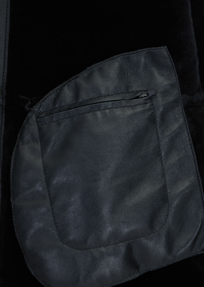 Black Regular Fit Turtleneck Casual Shearling Leather Coat - 6