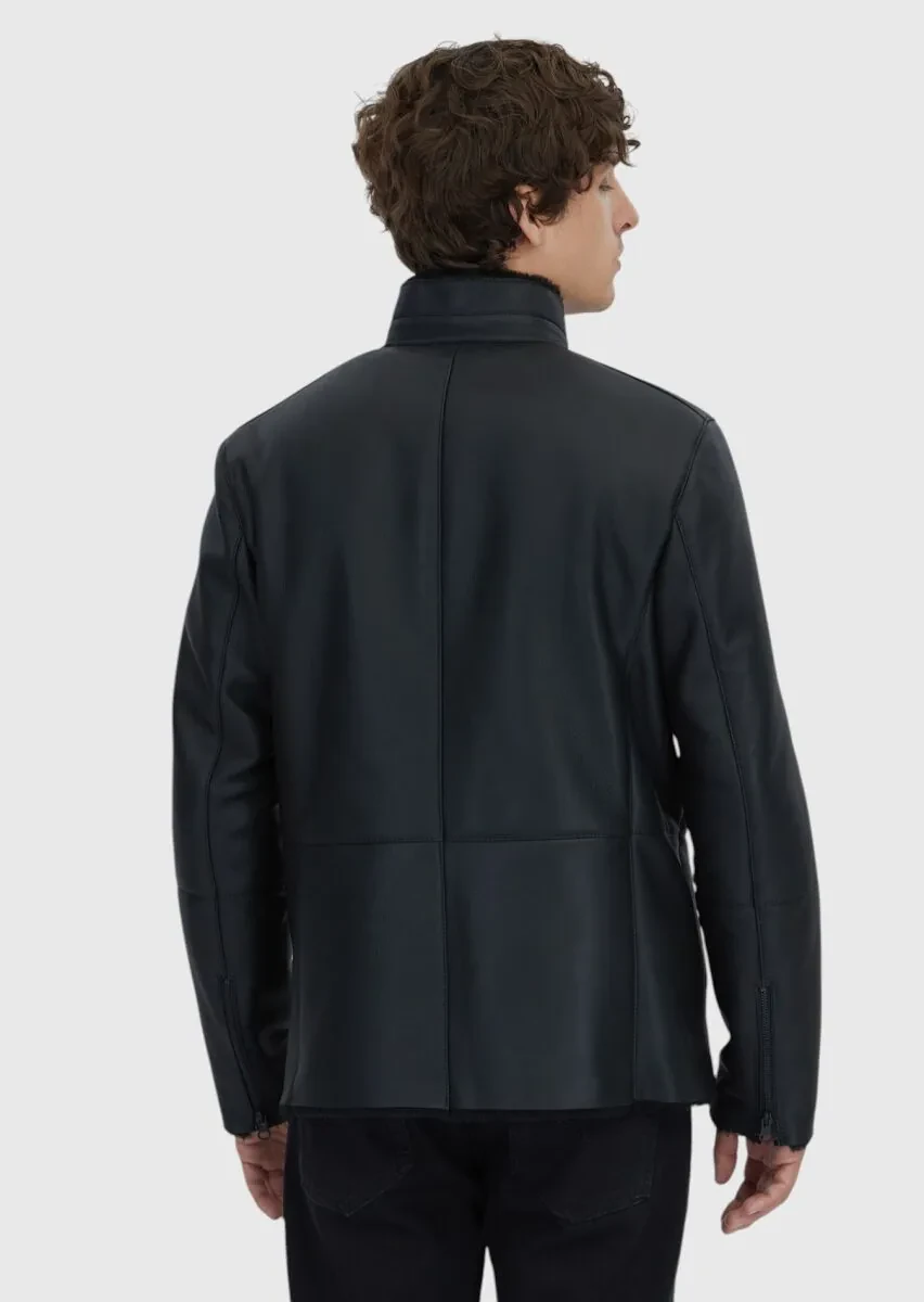 Black Regular Fit Turtleneck Casual Shearling Leather Coat - 7