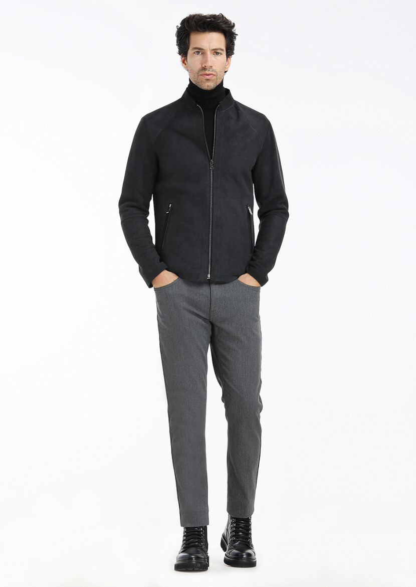 Black Regular Fit Turtleneck Casual Suede Double-Sided Leather Coat - 1