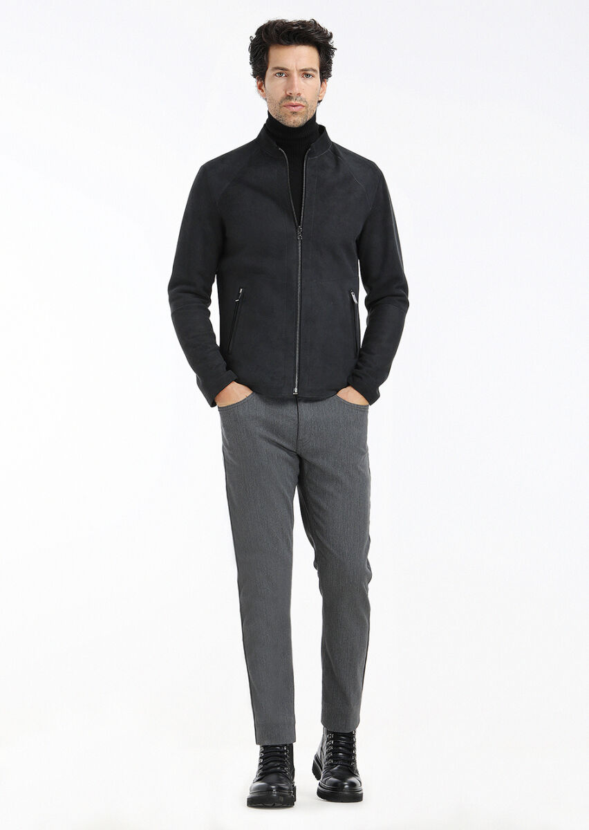 Black Regular Fit Turtleneck Casual Suede Double-Sided Leather Coat - 1