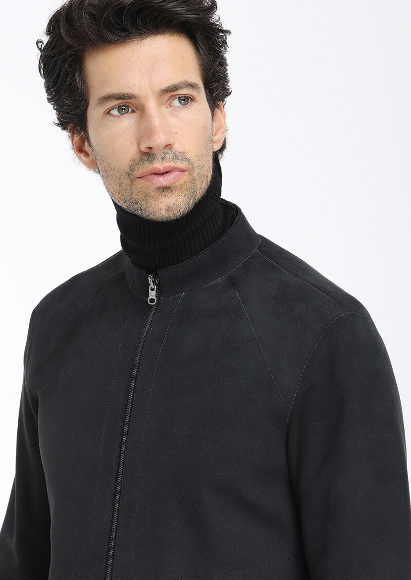 Black Regular Fit Turtleneck Casual Suede Double-Sided Leather Coat - 2